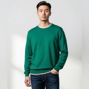 FACONNABLE VTG Green Cotton Crewneck Sweater w/ a Cream-tipped Collar and Cuff L